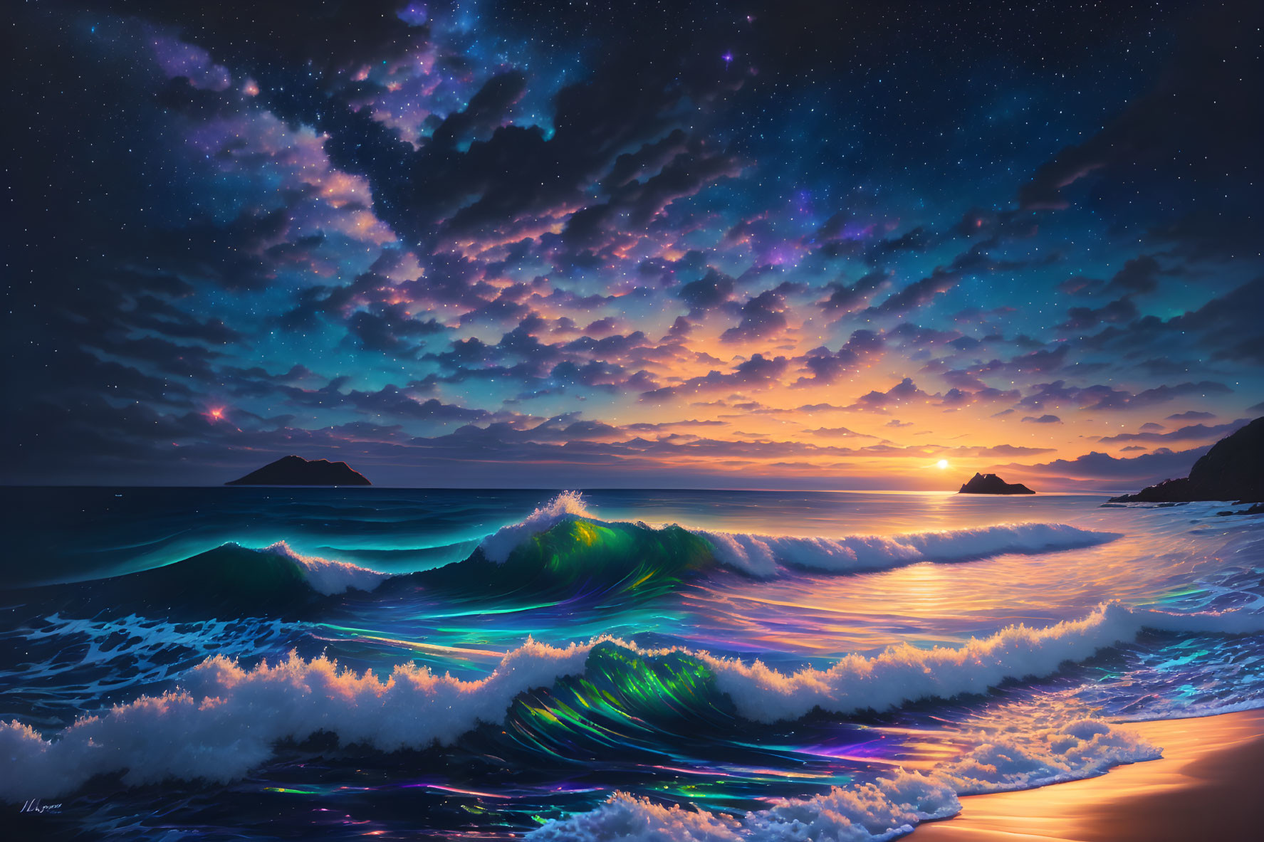 Colorful Ocean Sunset with Stars and Waves