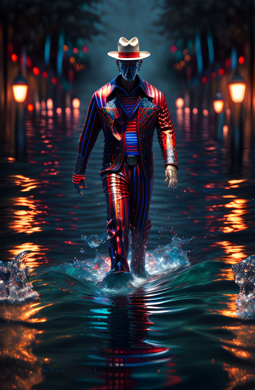 Luminescent figure in striped suit walking on water at night