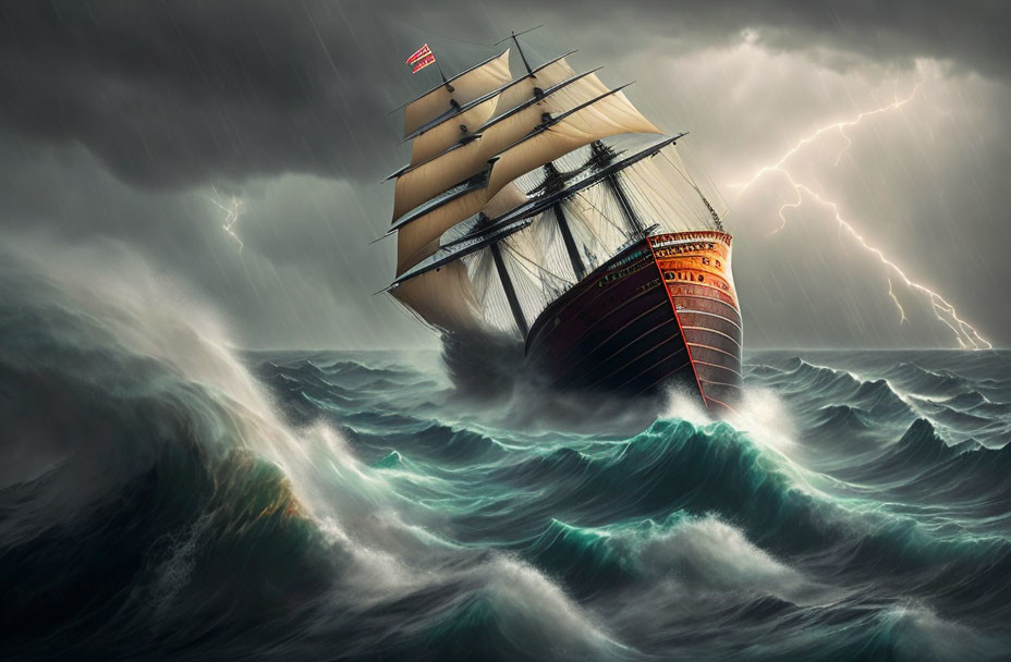 Sailing ship in stormy seas with lightning and dark clouds