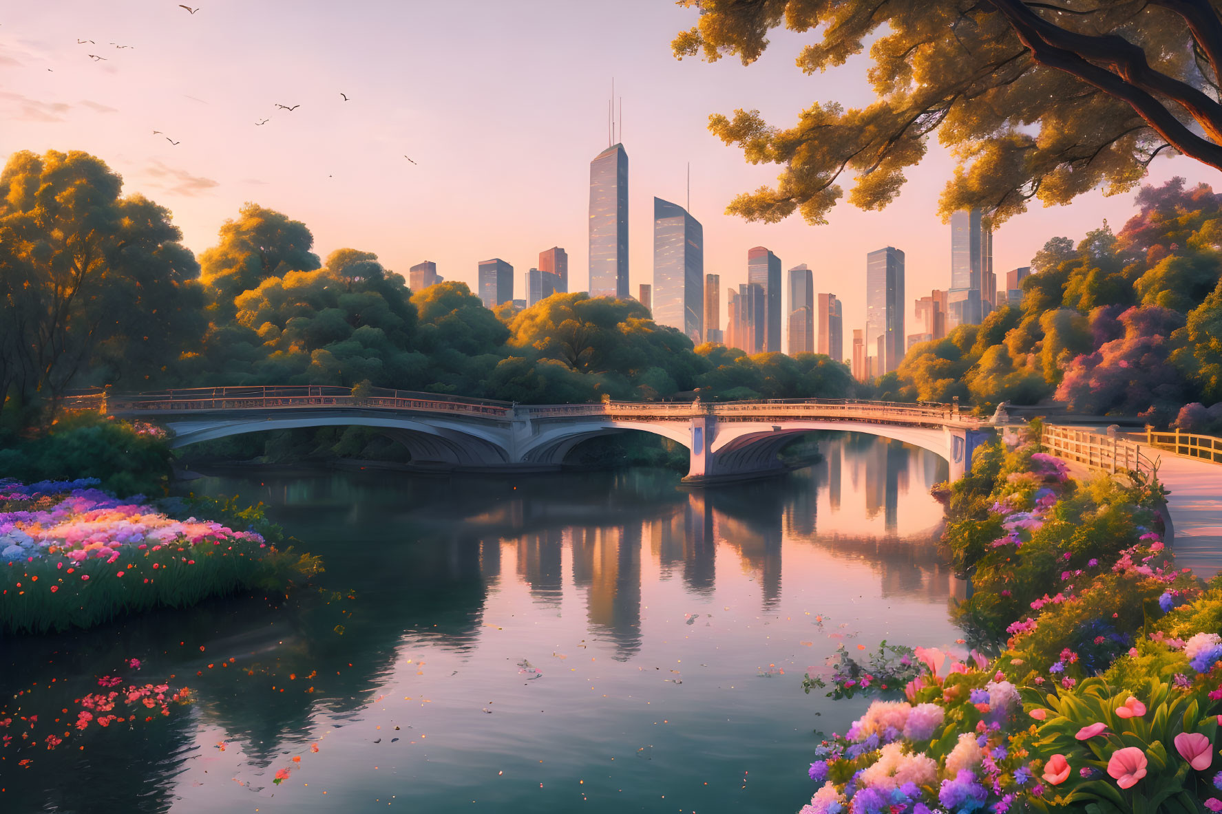 Tranquil city park at sunset with bridge over river and skyscrapers in pink sky