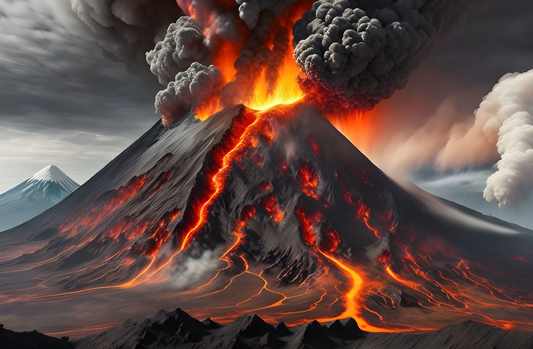 Volcanic eruption with lava flows, ash clouds, fiery crater & snow-capped peaks