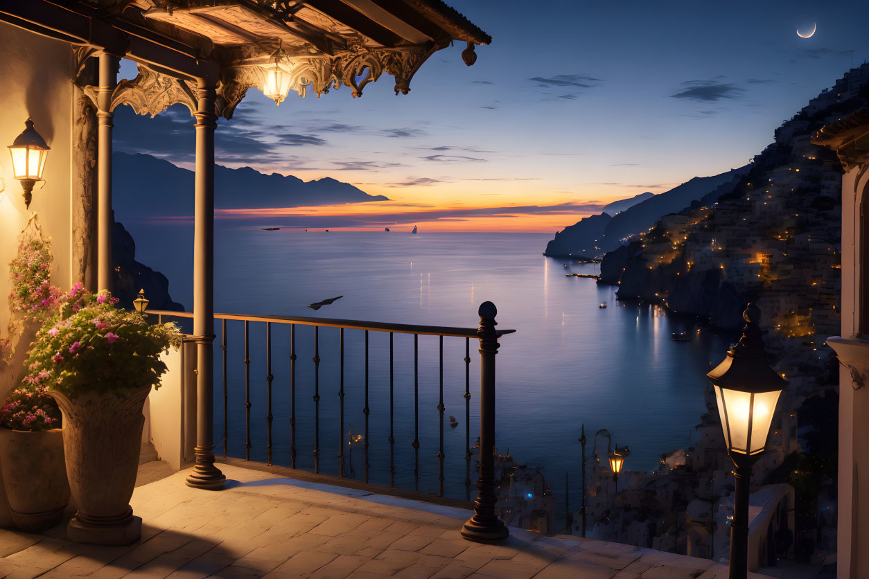 Coastal town balcony view at dusk with streetlights, sea, mountains, and crescent moon