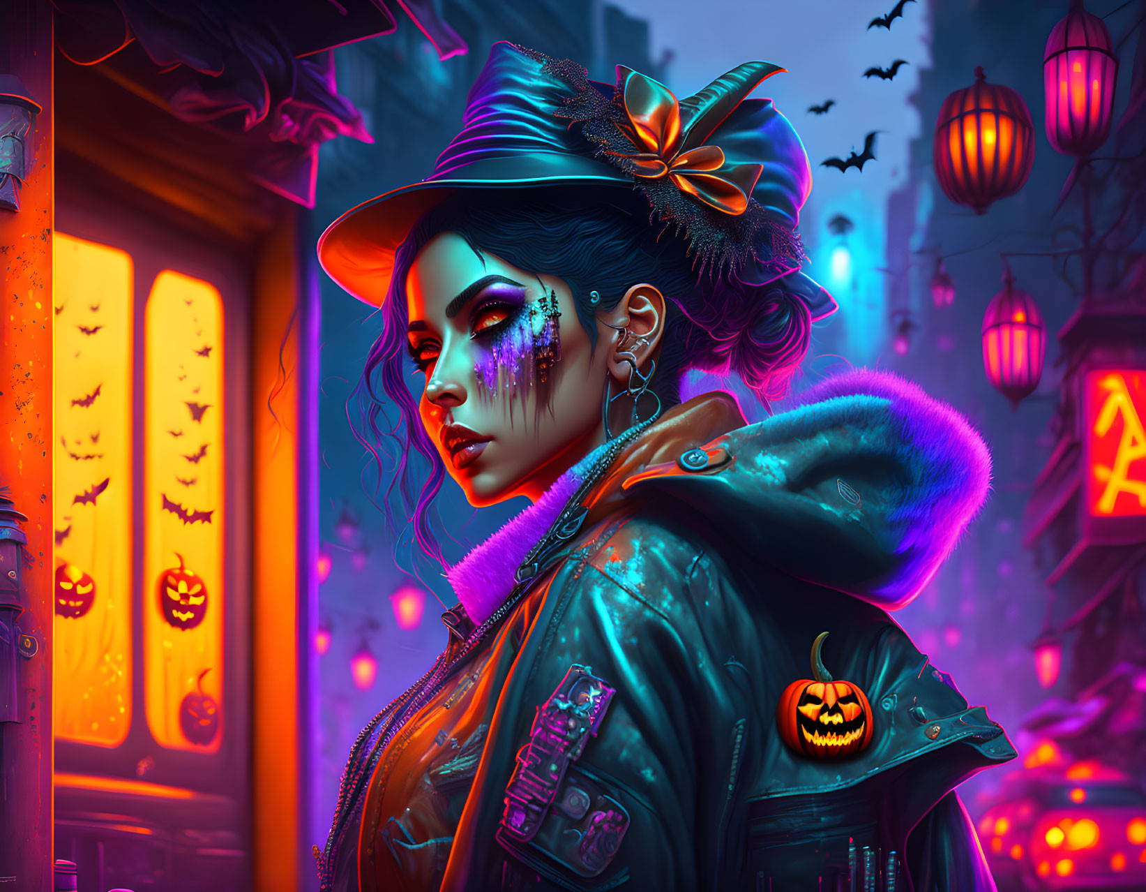 Vibrant makeup woman in Halloween attire on neon-lit backdrop