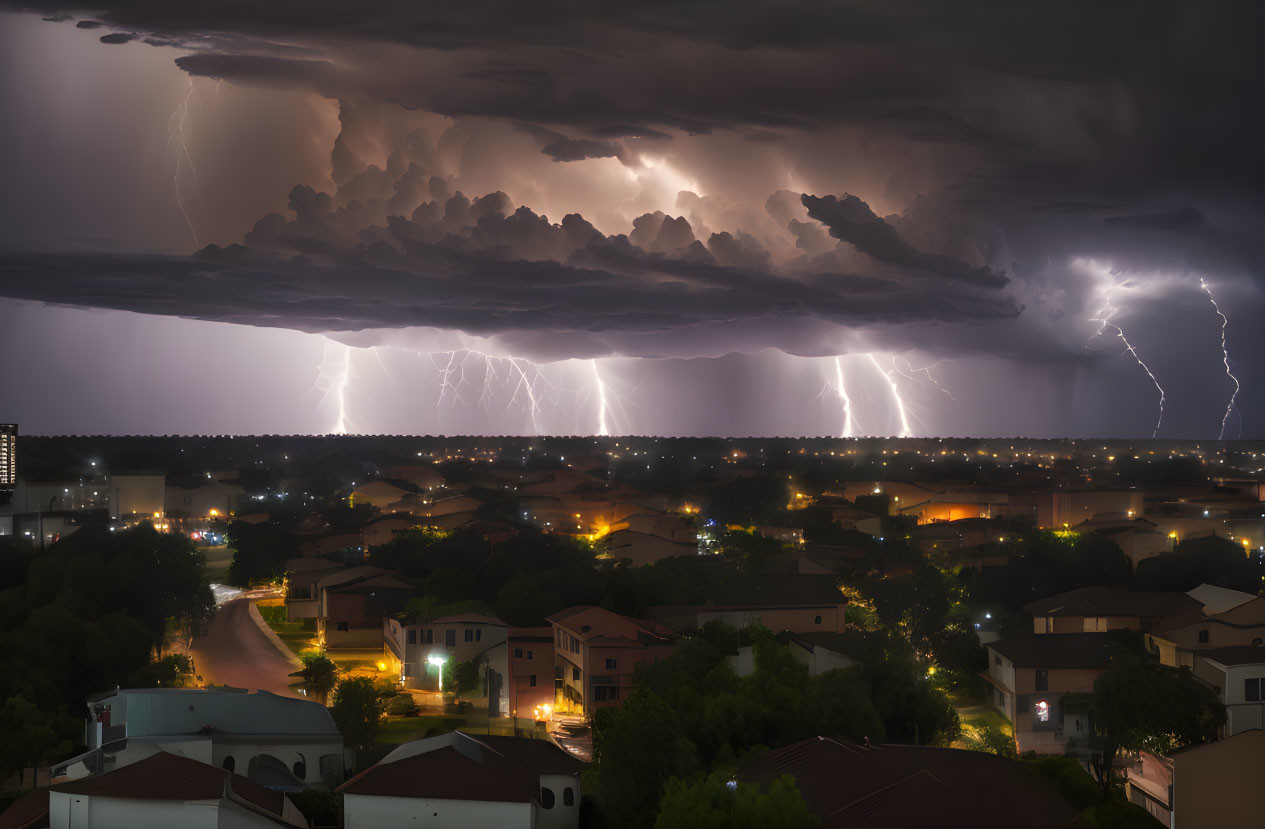 Multiple lightning strikes in dramatic night scene.