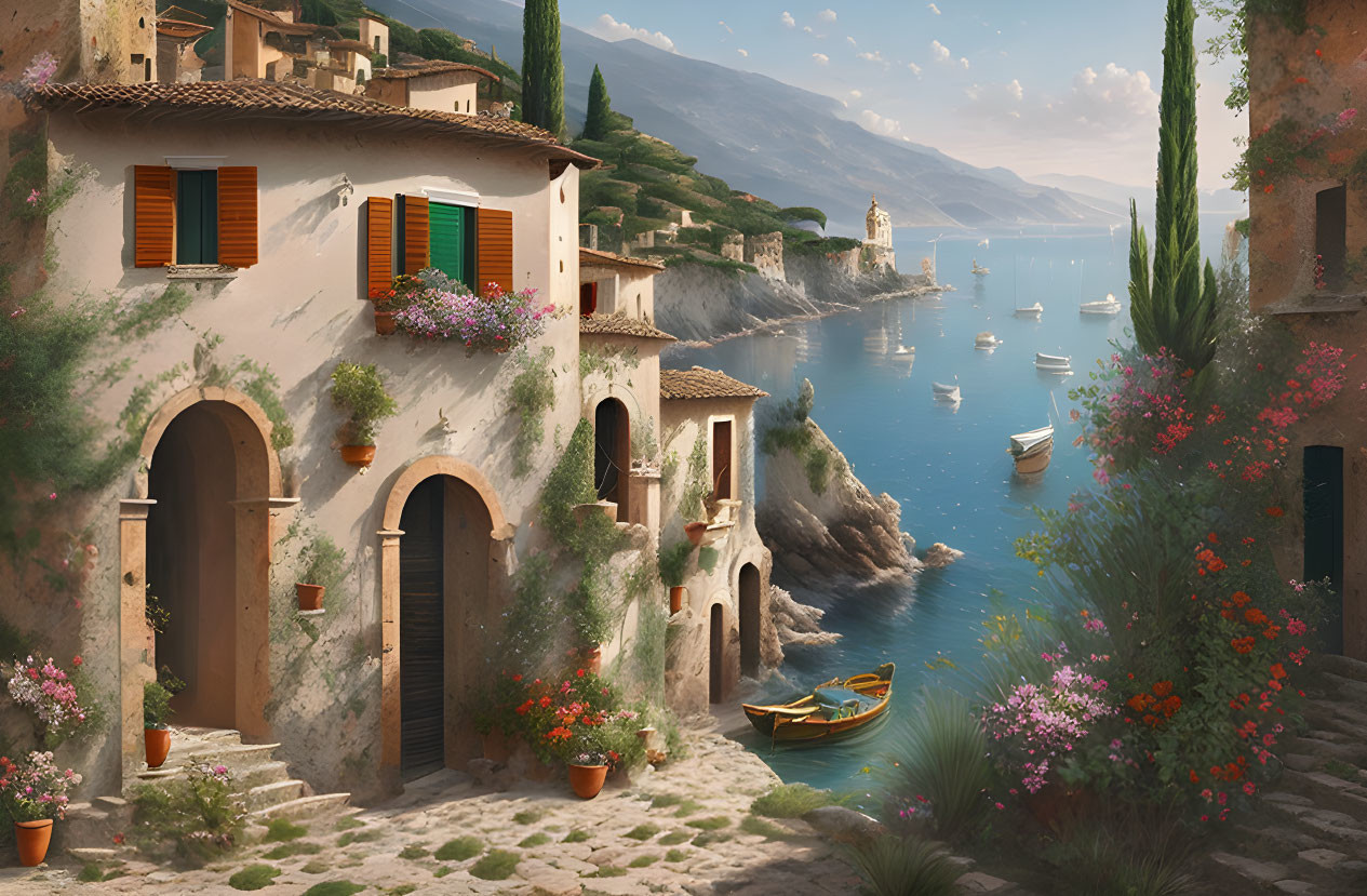 Scenic coastal village: stone houses, colorful flowers, boats, serene waters, distant mountains.