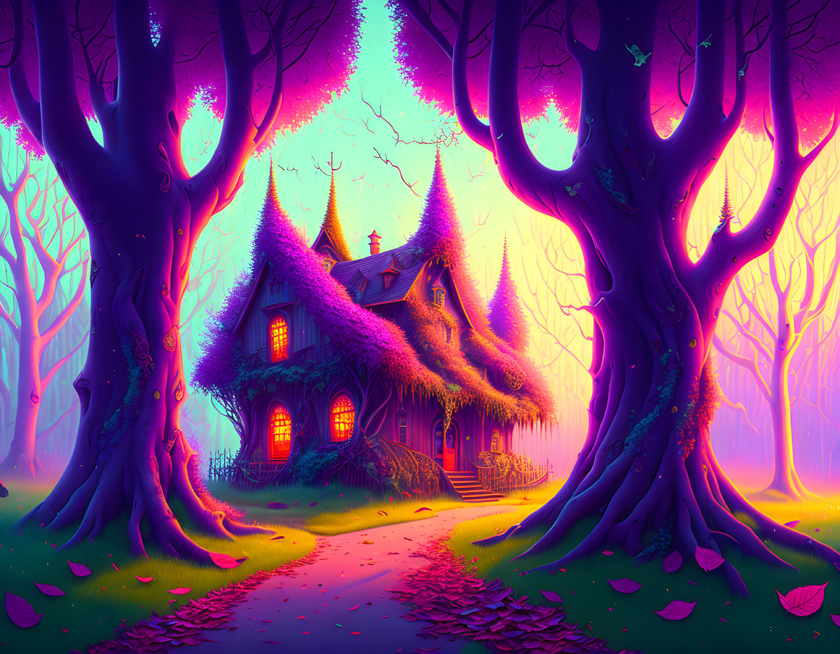 Illustration of cozy cottage among purple-leafed trees at twilight