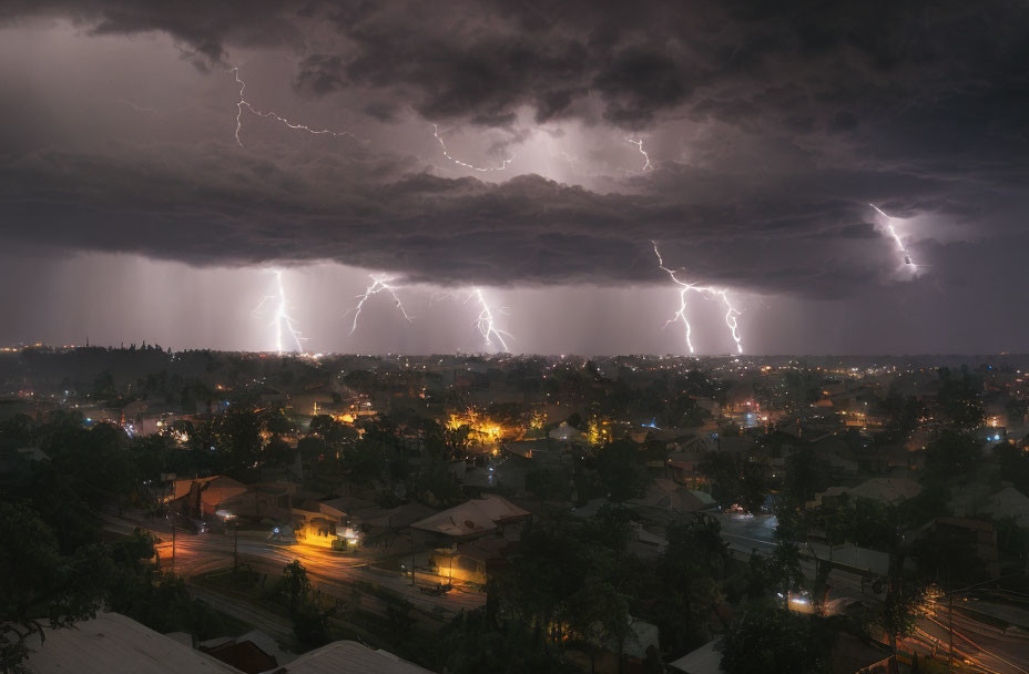 Town Nighttime Panorama: Lightning Storm, Rain, Streetlights