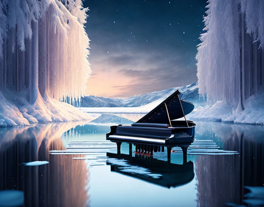 Grand Piano on Icy Surface in Snowy Landscape