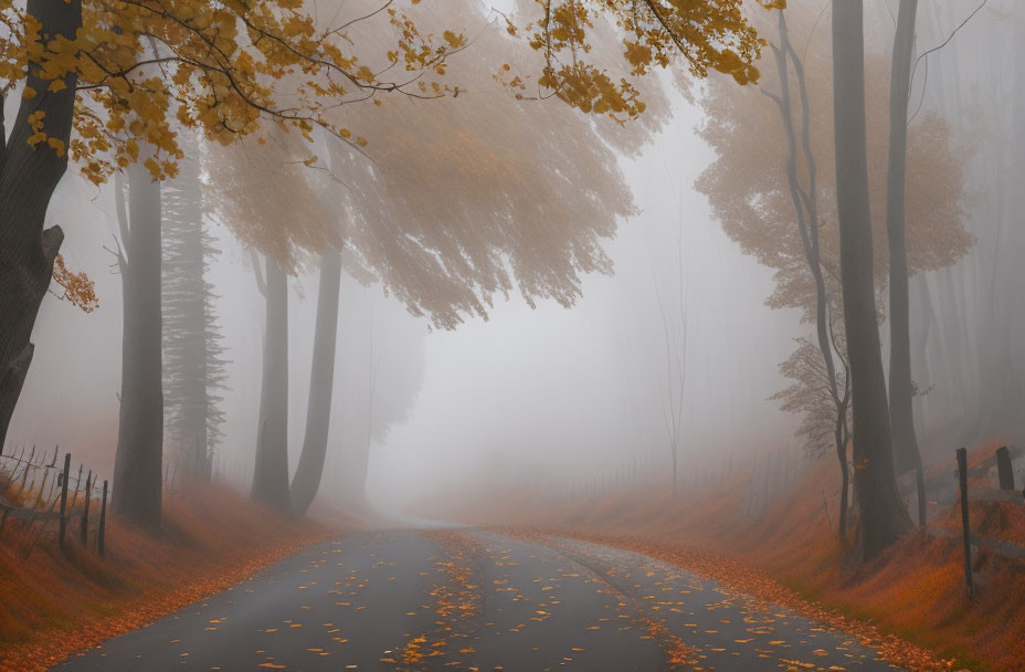 Winding Road Through Foggy Autumn Forest