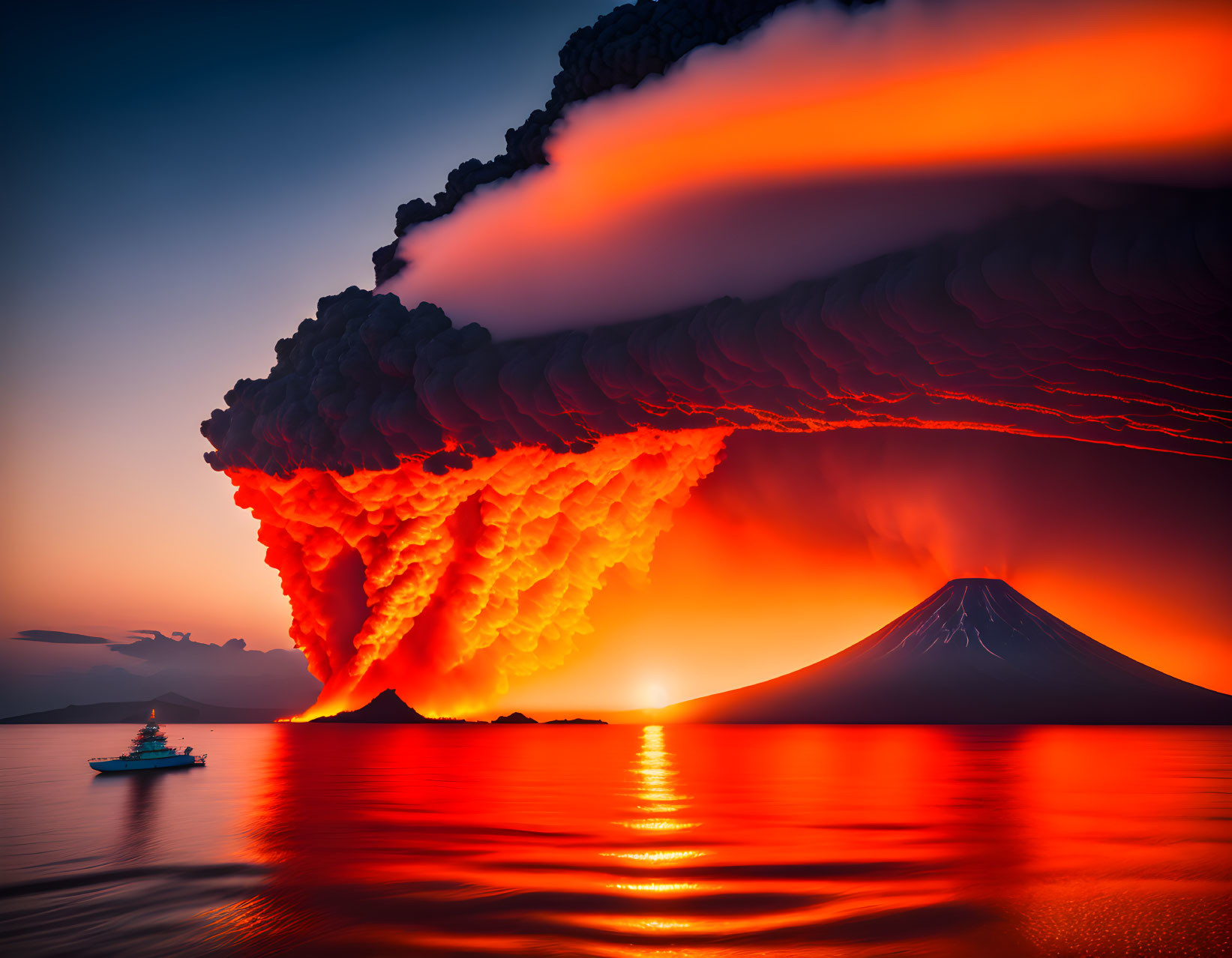 Massive volcanic eruption with fiery lava flows at sunset into the sea, ash cloud above, boat sails