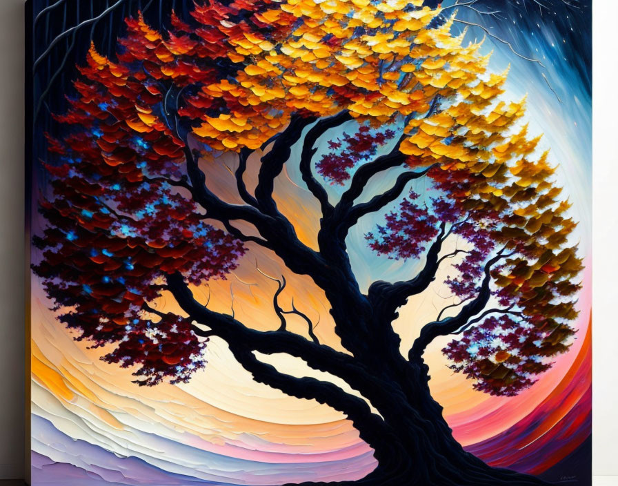 Colorful tree painting with twisted trunk and vibrant leaves against sunset sky