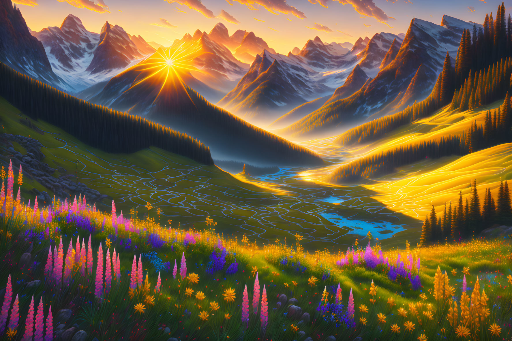 Colorful sunset over mountain valley with river and wildflowers.