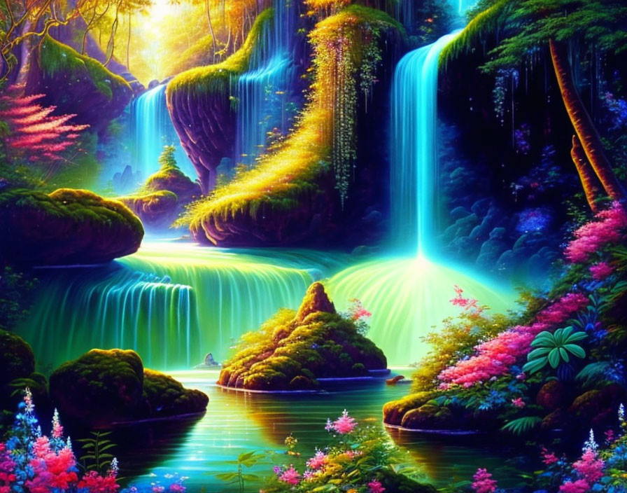 Fantasy landscape with waterfalls, greenery, colorful plants, and glowing light