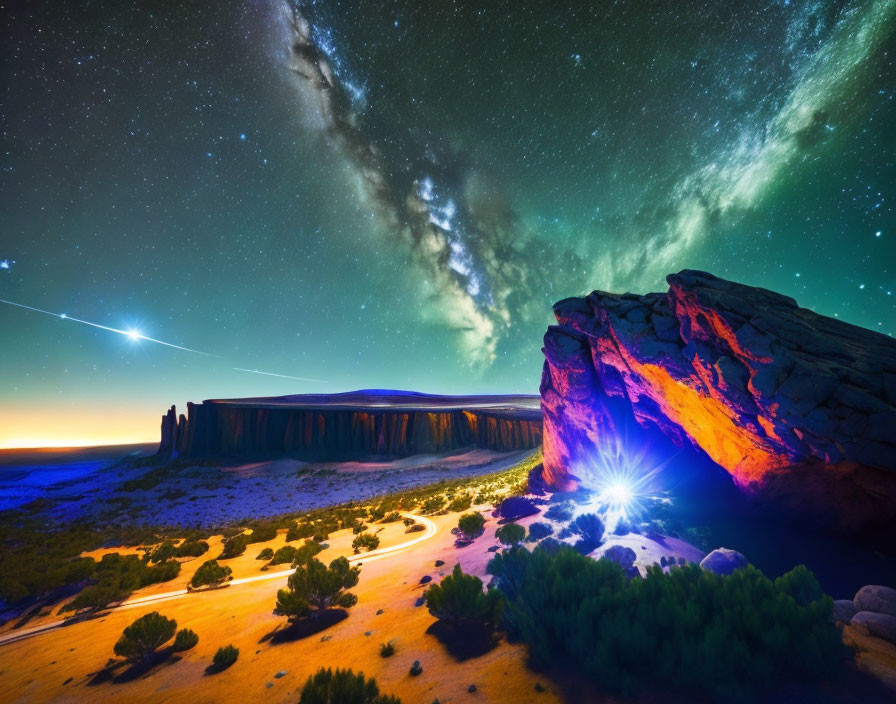 Stunning Milky Way over desert landscape with illuminated rocks