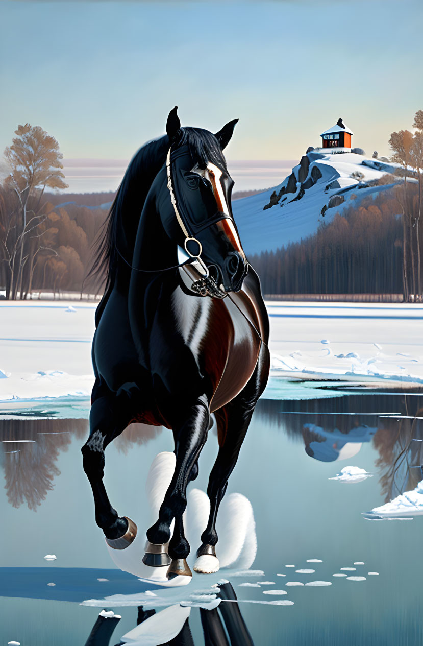 Majestic black horse by frozen lake in snowy landscape