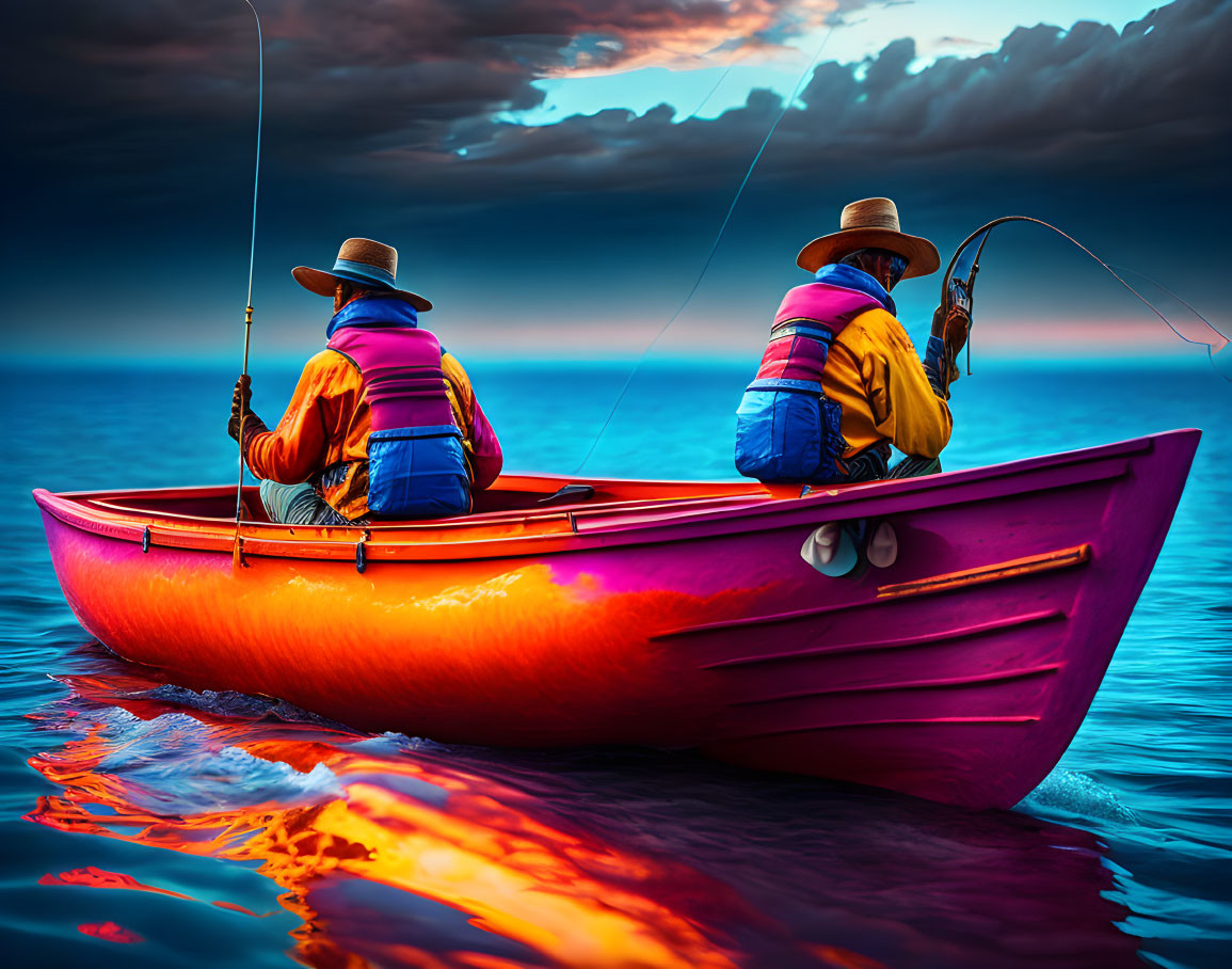 Vibrant orange boat with two people fishing in multi-colored sea at dusk