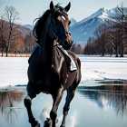 Majestic black horse by frozen lake in snowy landscape