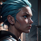 Digital artwork featuring woman with blue hair and markings in cosmic setting