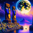 Surreal landscape with Easter Island moai statues under starry sky