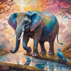 Colorful Psychedelic Elephant Artwork with Human Figure in Fantastical Setting