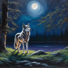 Moonlit forest scene with wolf, lake, and fireflies