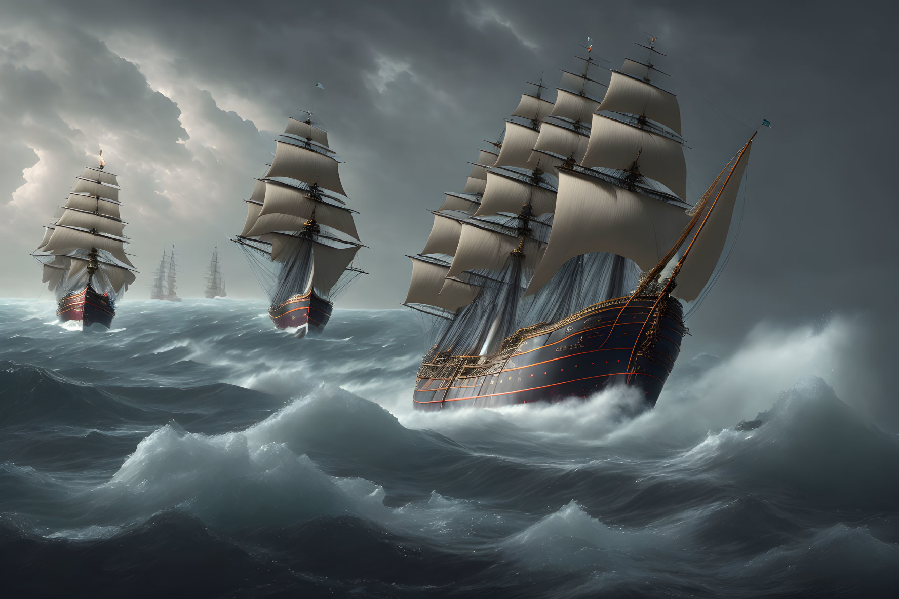 Tall Ships with Billowing Sails in Stormy Seas