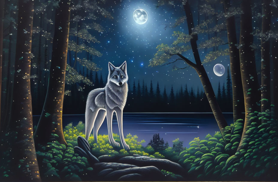 Moonlit forest scene with wolf, lake, and fireflies