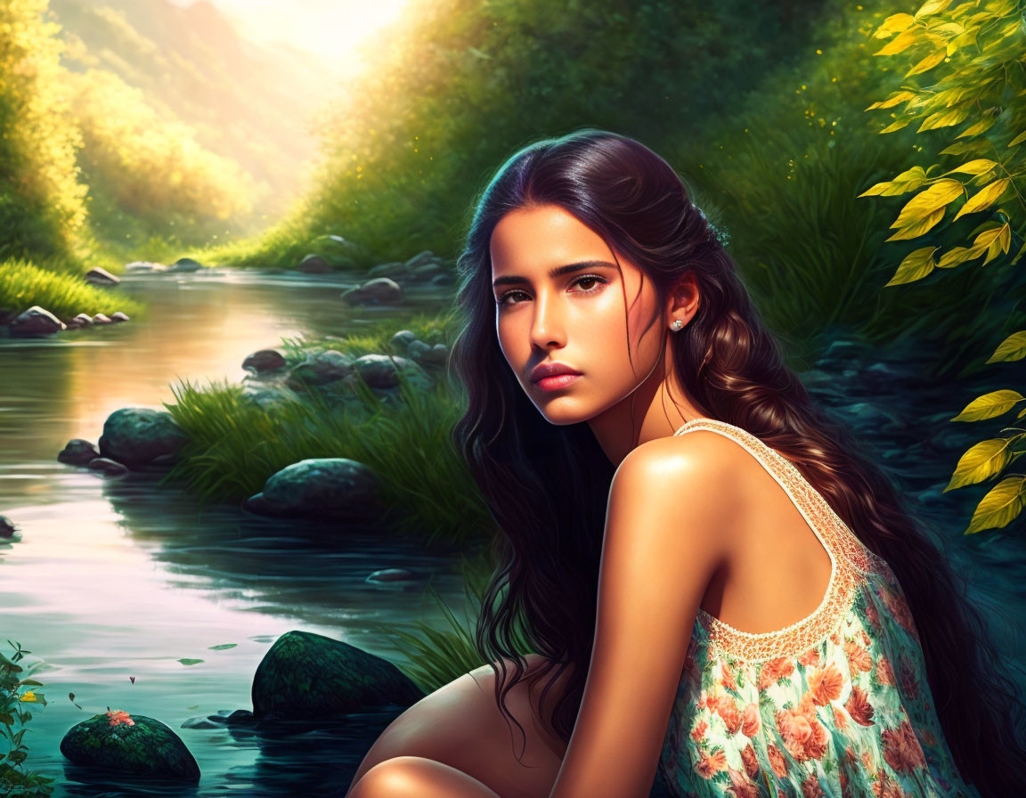 Woman sitting by stream in lush forest with thoughtful expression