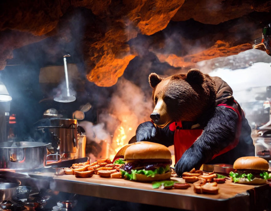 Person in Bear Costume Grilling Burgers Outdoors