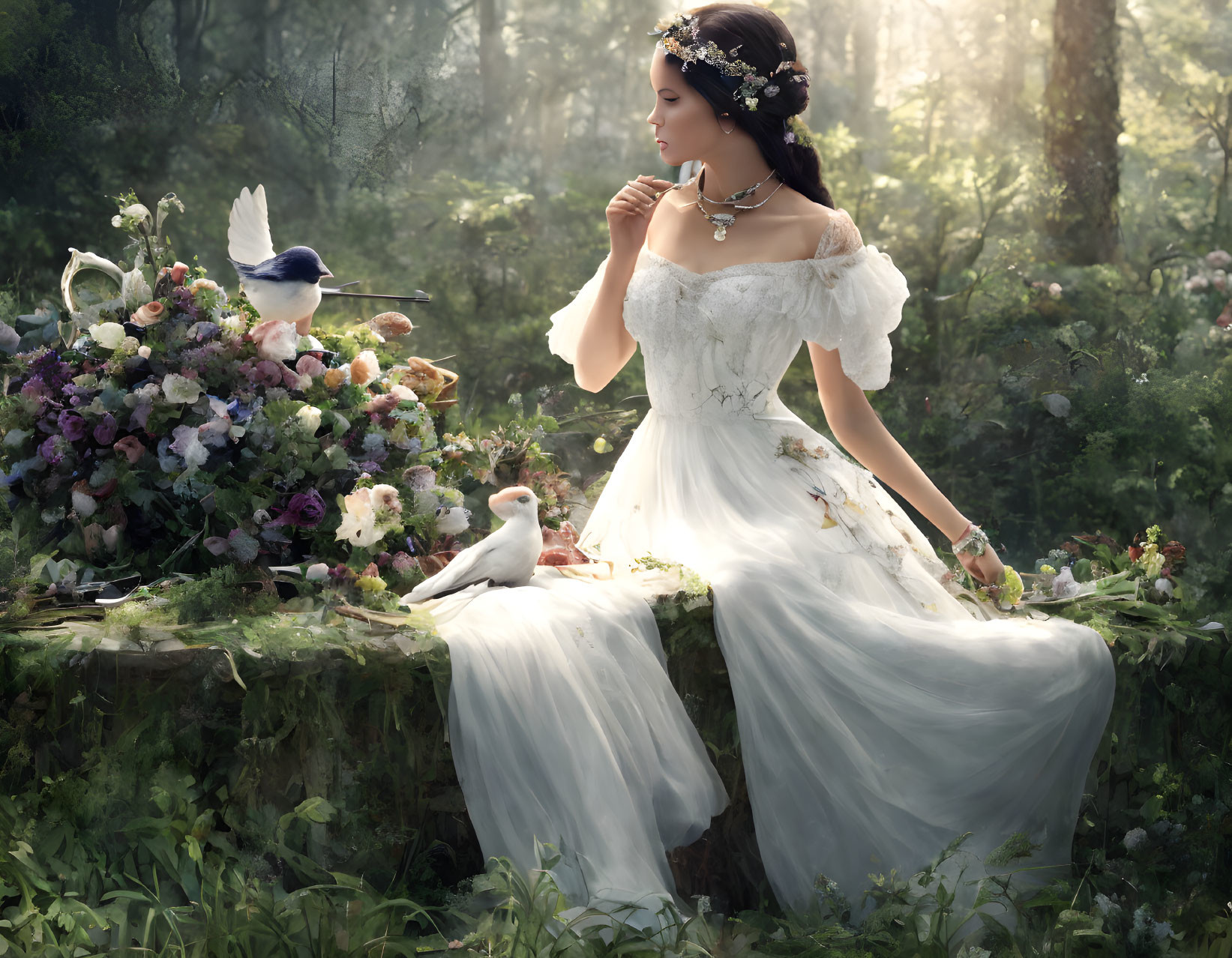 Woman in white dress surrounded by birds in mystical forest setting