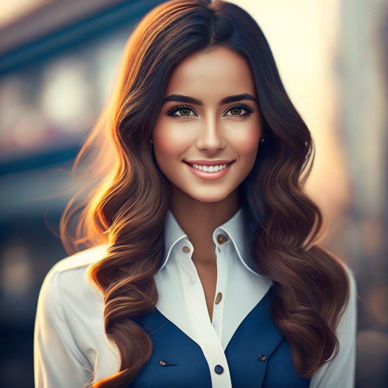 Smiling woman portrait with long wavy hair and white shirt