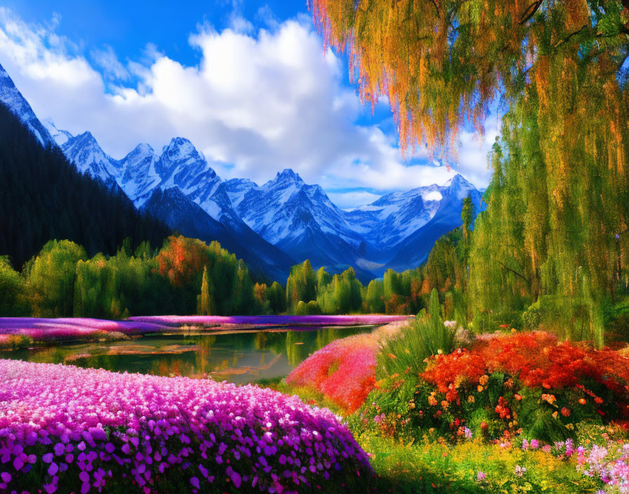 Colorful floral landscape with lake, mountains, and blue sky