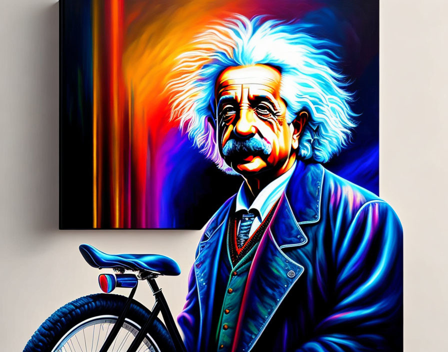 Vibrant pop art portrait of man with wild hair, suit, and bicycle on canvas