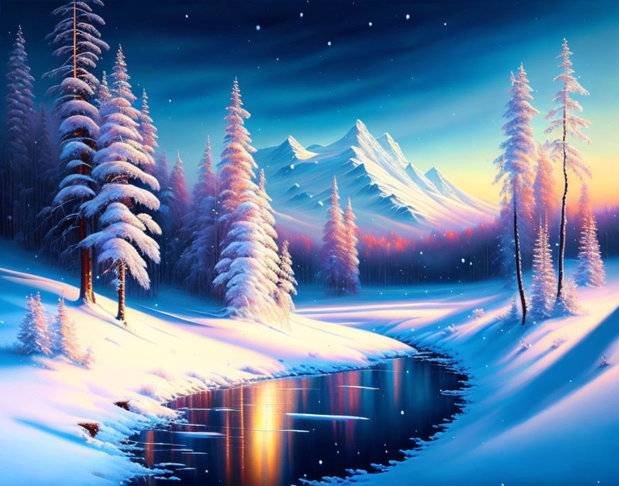 Snow-covered trees, serene river, mountains under starry sky