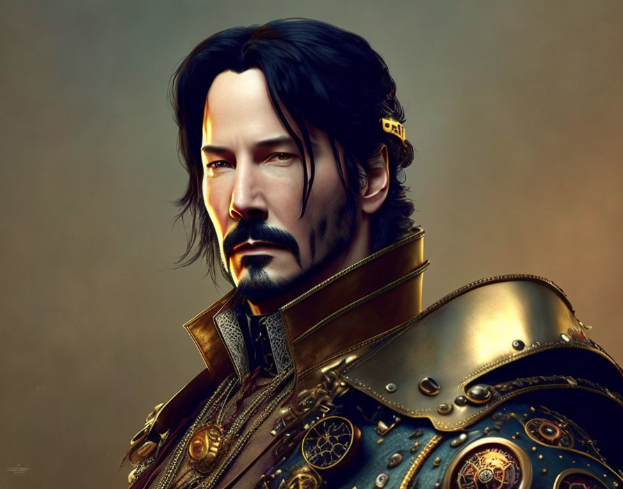 Man with Long Hair and Goatee in Steampunk Medieval Armor