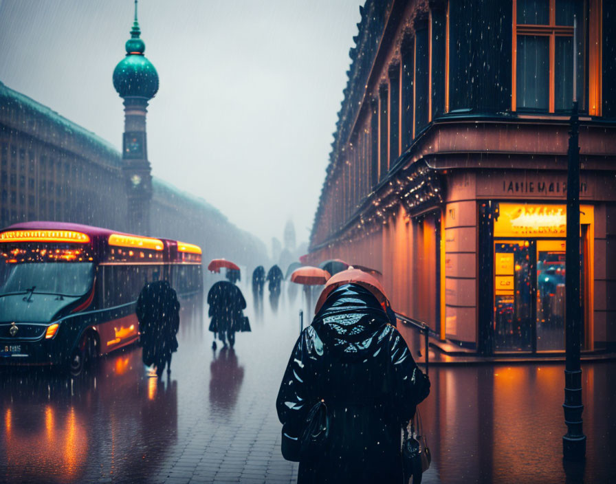 Pedestrian with umbrella in rainy city street at dusk with buses and classic architecture.