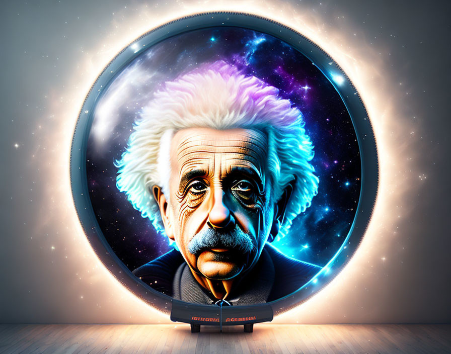 Stylized Albert Einstein digital art with cosmic theme and exaggerated hair