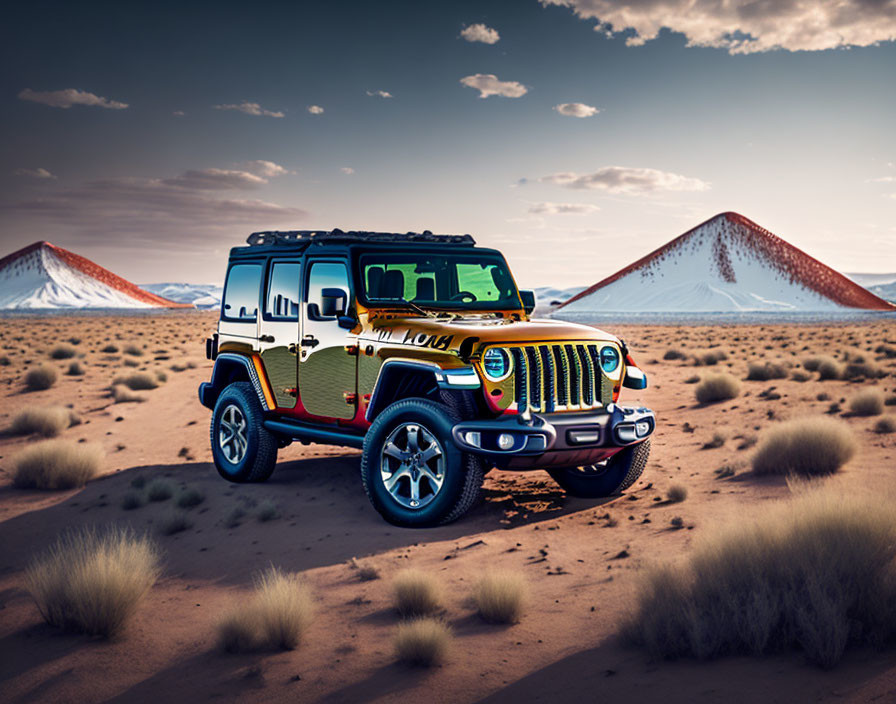 Custom livery off-road vehicle in desert landscape at dusk