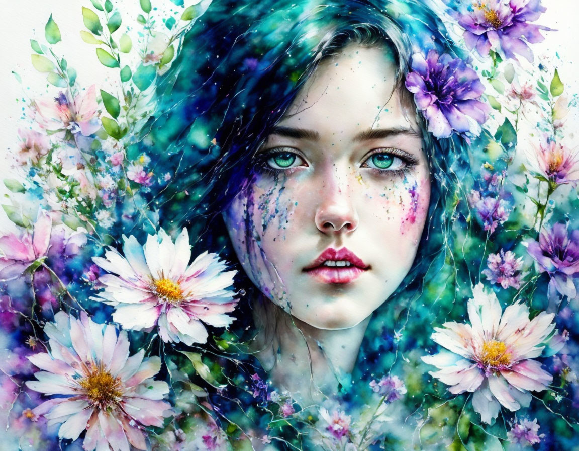 Colorful digital painting of woman's face with floral bursts.