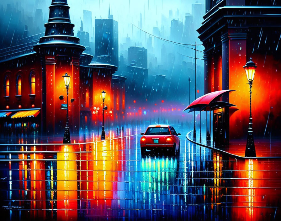 Colorful Rainy Night Cityscape with Person and Car