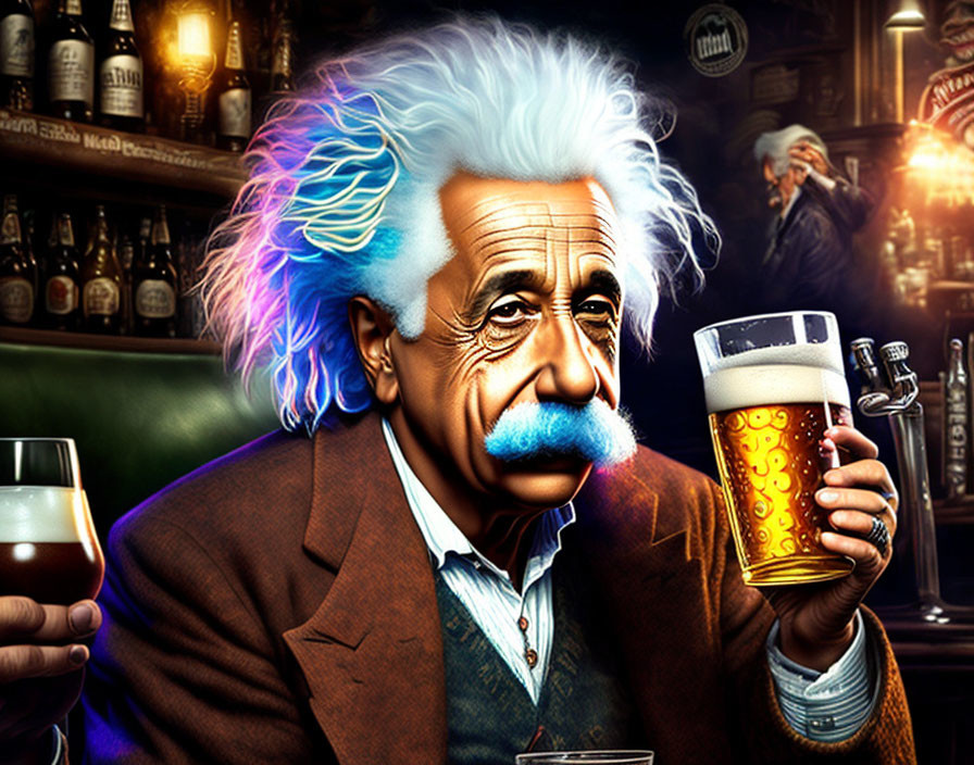 Colorful Caricature of Scientist with Beer Mug in Bar Setting