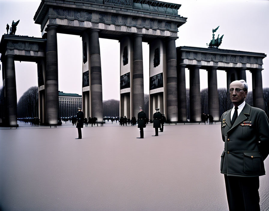 Grey-uniformed man at Brandenburg Gate with guards and gloomy sky