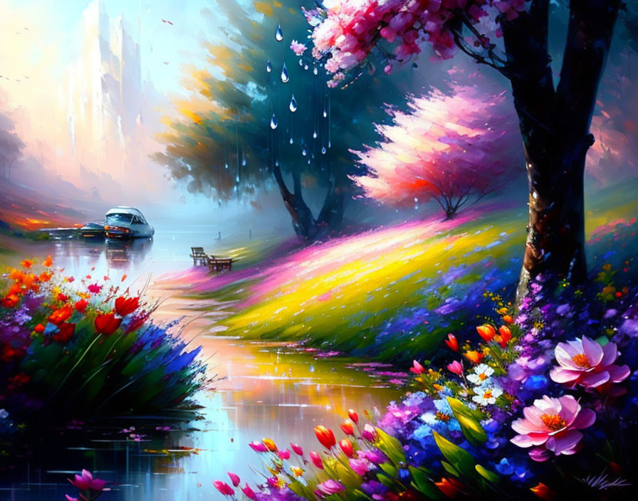 Vibrant landscape painting of blooming park with stream and bench