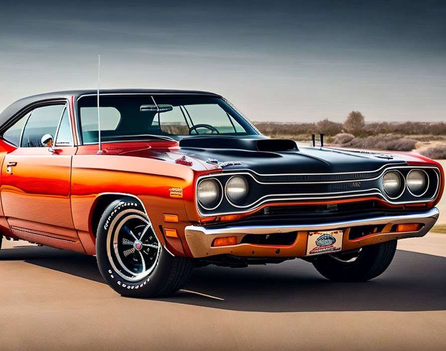 Vintage Plymouth Road Runner Muscle Car with Black Stripes and Emblem Badges