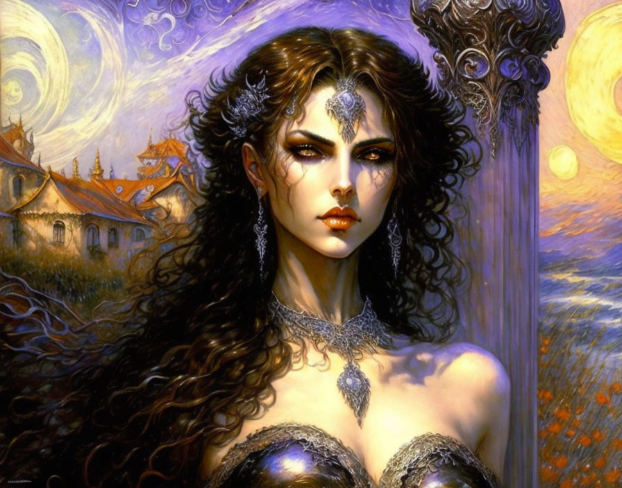 Dark-haired woman with intricate jewelry in fantasy setting