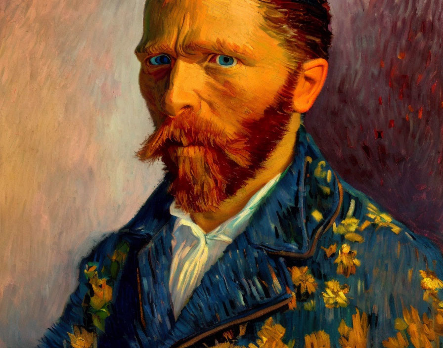 Red-bearded man with blue eyes in floral coat on textured background