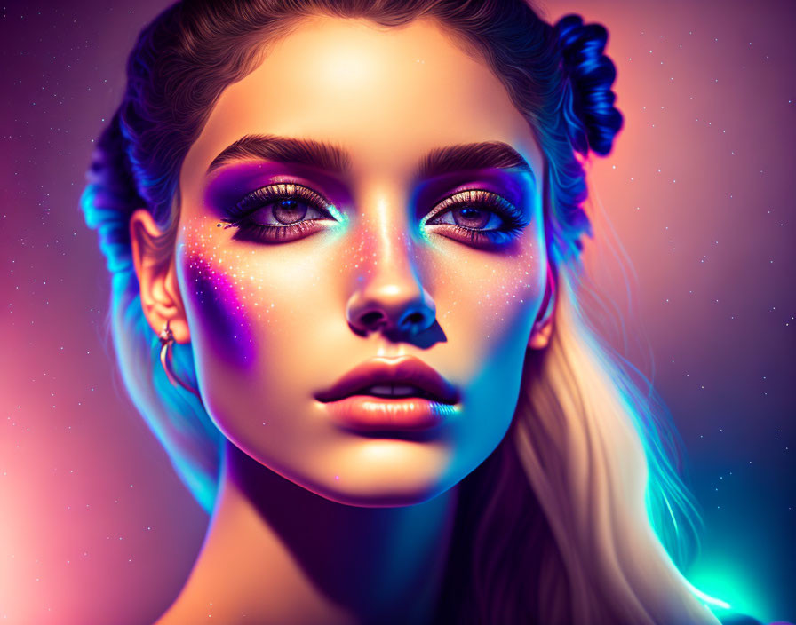 Vibrant neon makeup on woman with cosmic backdrop