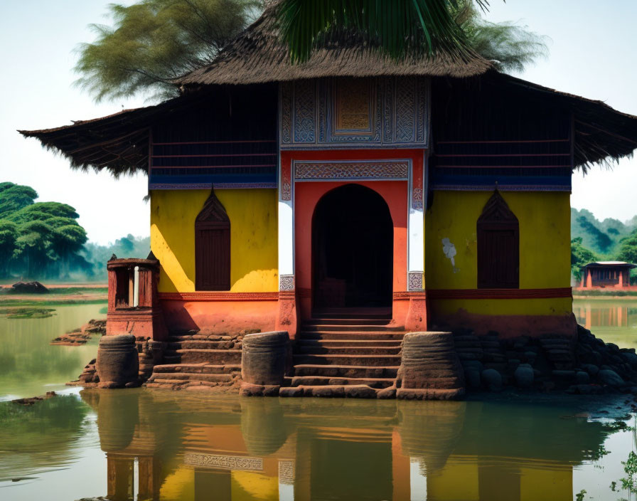 Traditional Thatched Roof House with Yellow and Blue Walls by Calm Water