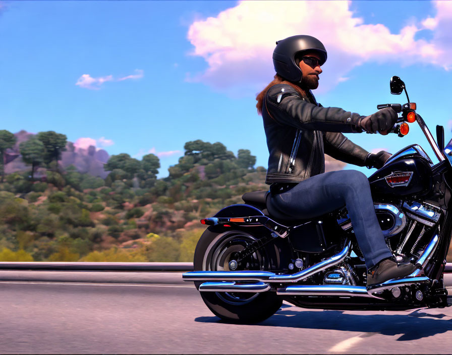 Man in black leather jacket rides motorcycle on sunny day