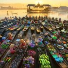 Golden sunset over serene river with boats, floating houses, and misty mountains